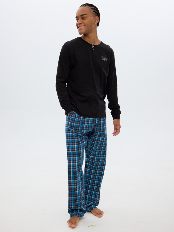 Navy blue pajamas checkered pants black middle front view