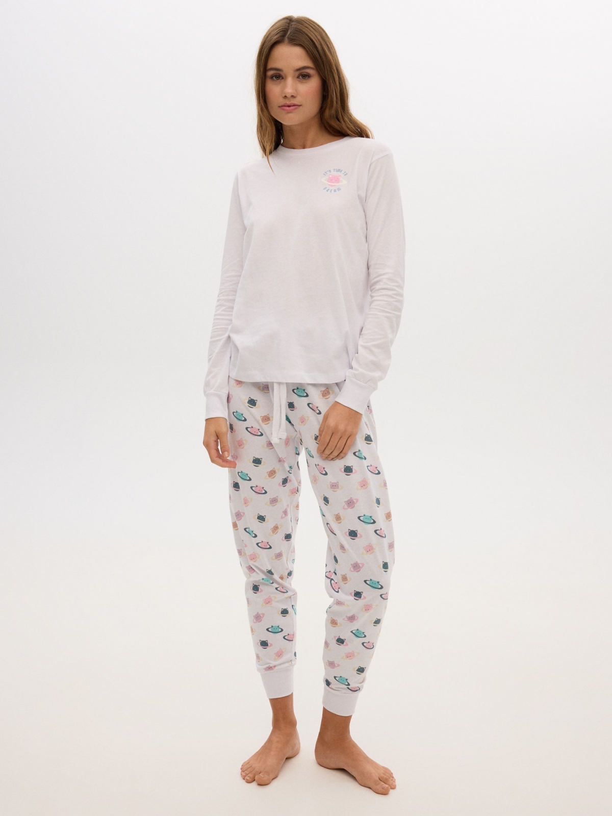 Calças de pijama impressas branco vista meia frontal