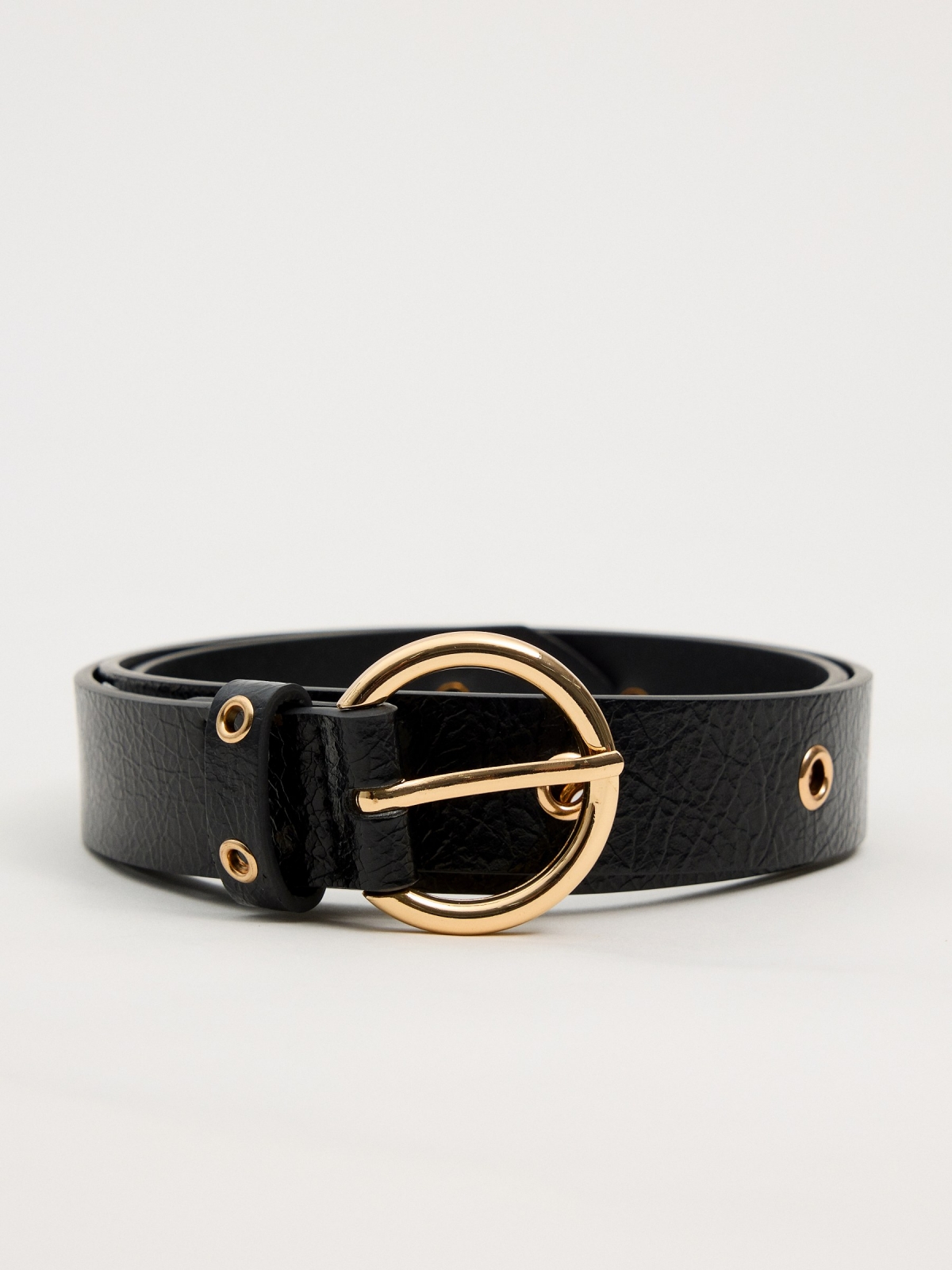 Gold eyelets leather effect belt black rolled view