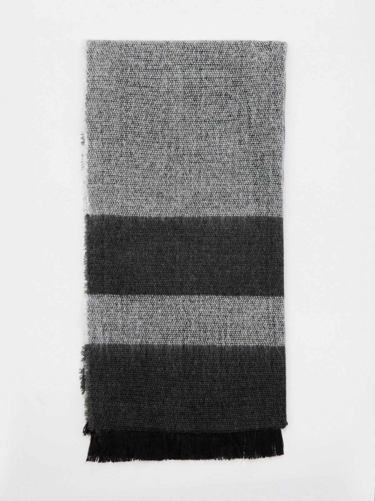 Frayed striped scarf dark grey rolled view