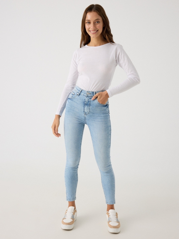Jeans Para Mujer Skinny Tiro Alto Azul Claro Jaspeado 1604