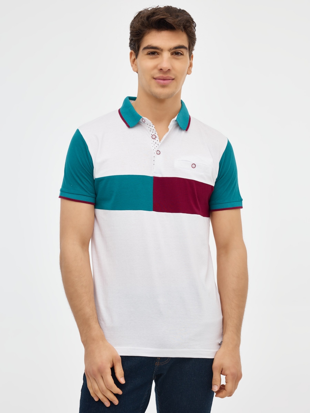 White polo color block emerald middle front view