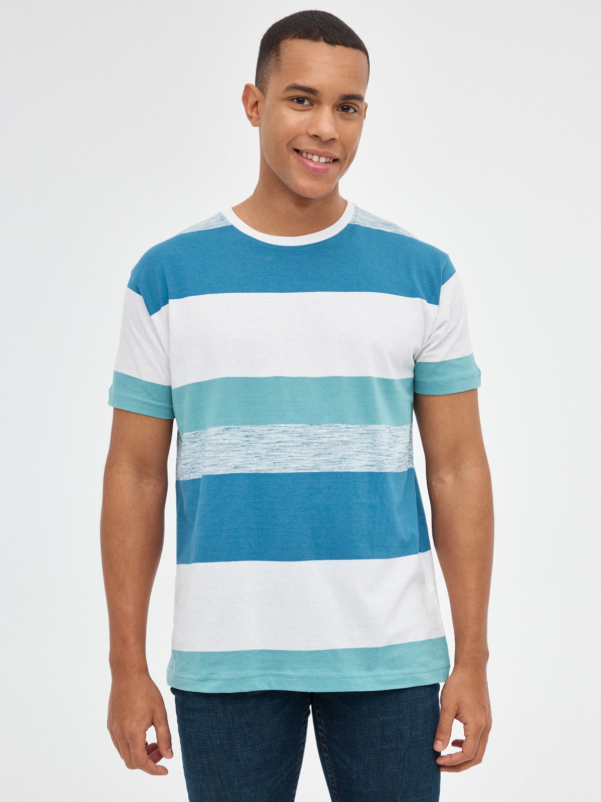 Striped printed T-shirt blue middle front view