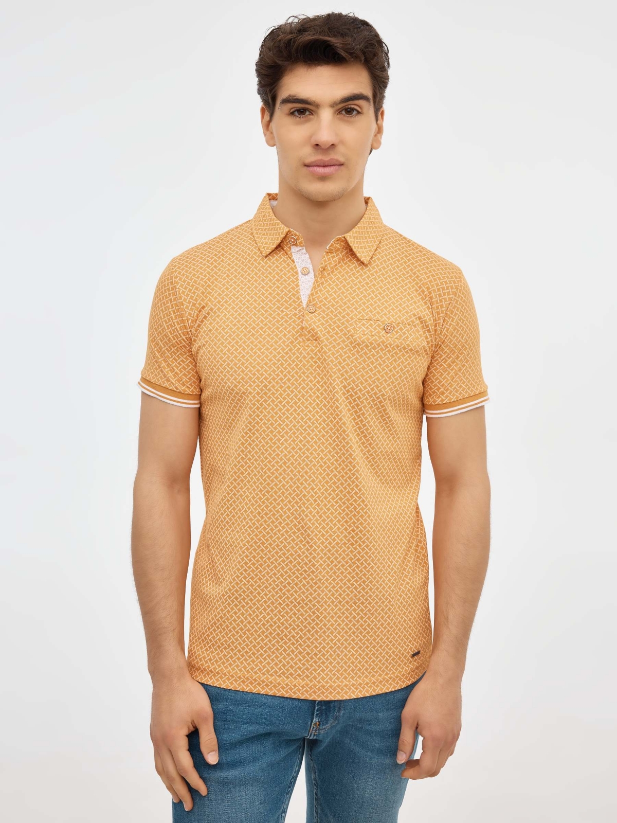Yellow geometric print polo shirt ochre middle front view