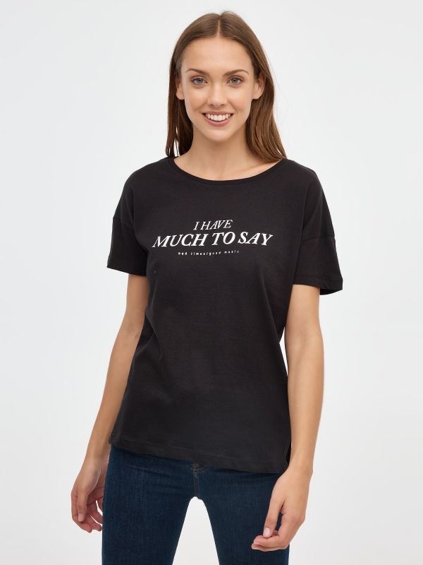 T-shirt Much to Say preto vista meia frontal