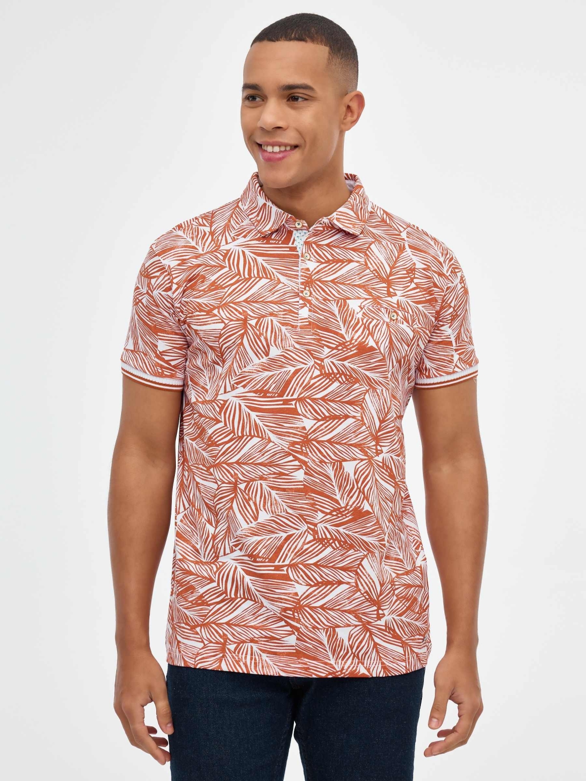 Slim fit tropical print polo shirt brick red middle front view