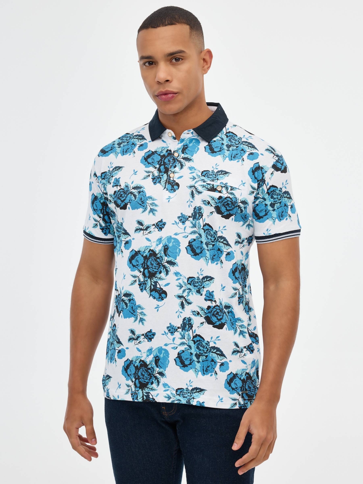Blue rose print polo shirt white middle front view