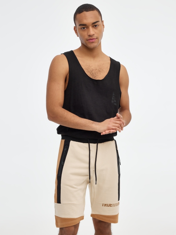 Bermuda jogger shorts color block sand middle front view