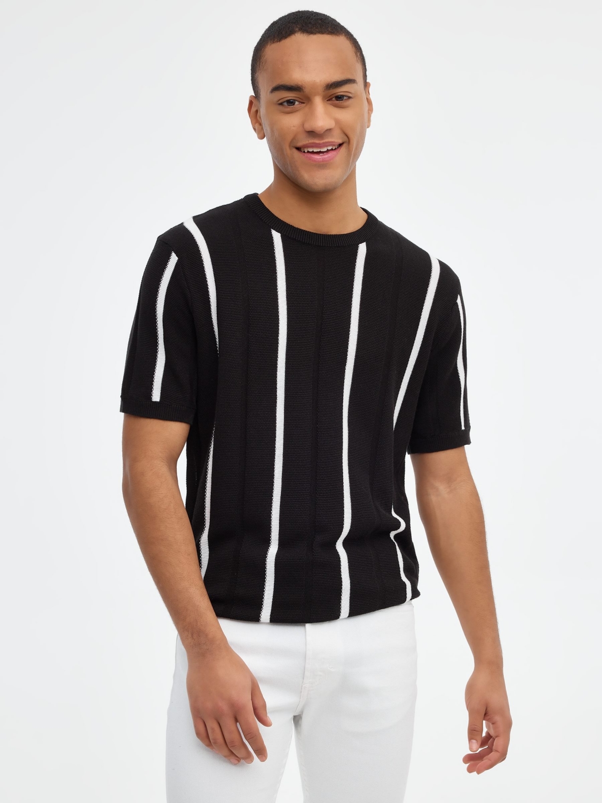 Striped knitted polo shirt black middle front view