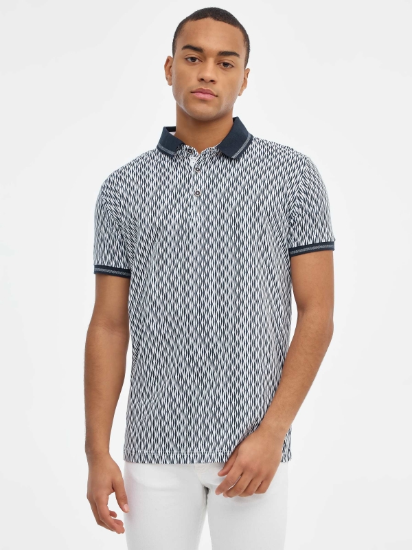 Geometric print polo shirt navy middle front view