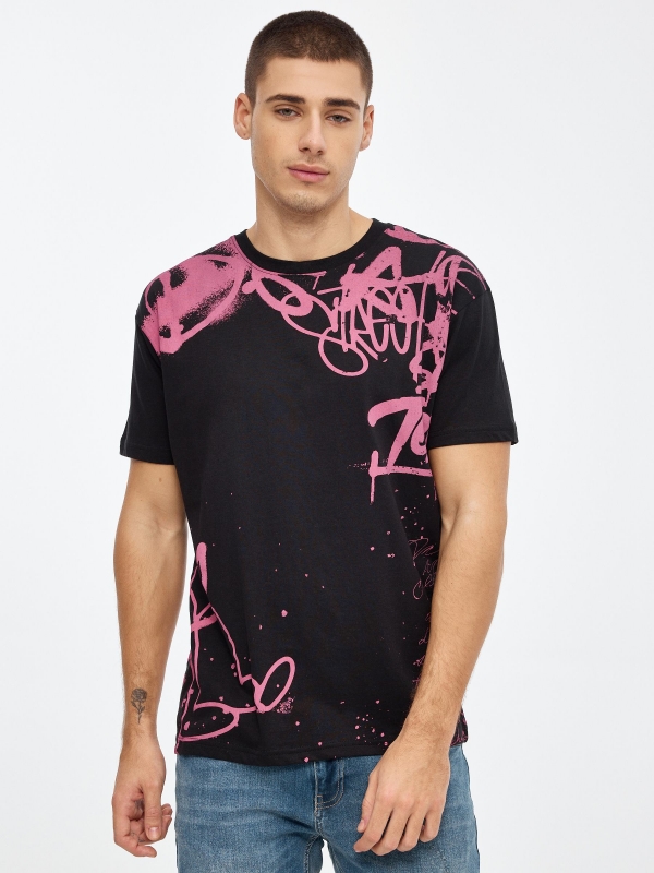 Graffiti printed t-shirt black middle front view