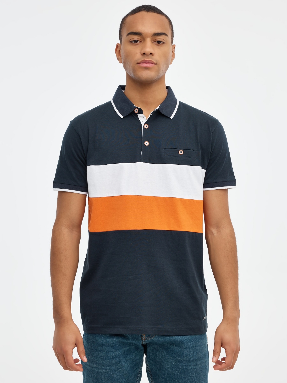 Orange and white color block polo shirt navy middle front view