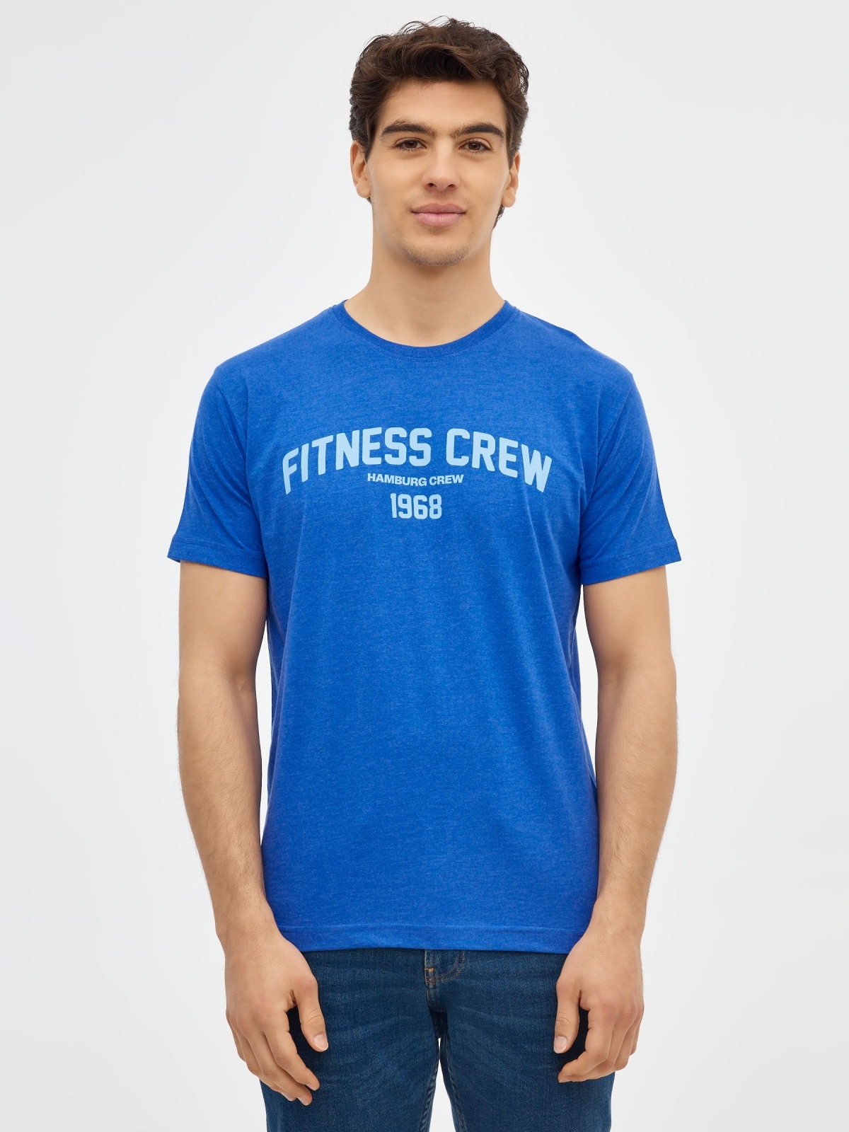 T-Shirt da tripulação de Fitness azul eléctrico vista meia frontal