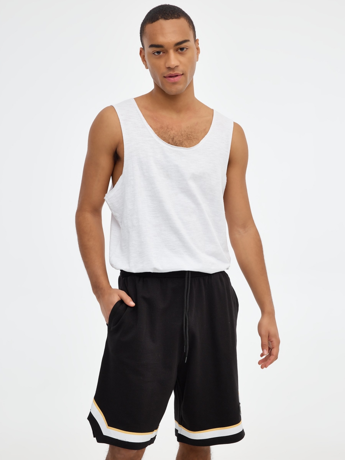 Bermuda jogger shorts with stripes black middle front view