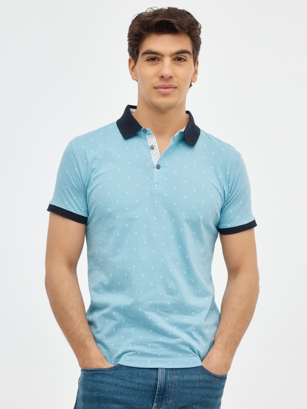 Mini print polo shirt light blue middle front view