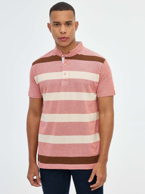 Mao collar striped polo shirt brick red middle front view