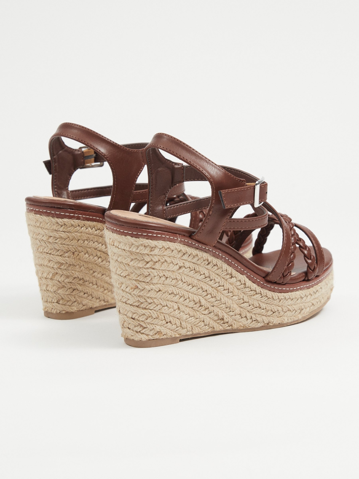 Leather effect wedge sandal chocolate 45º back view