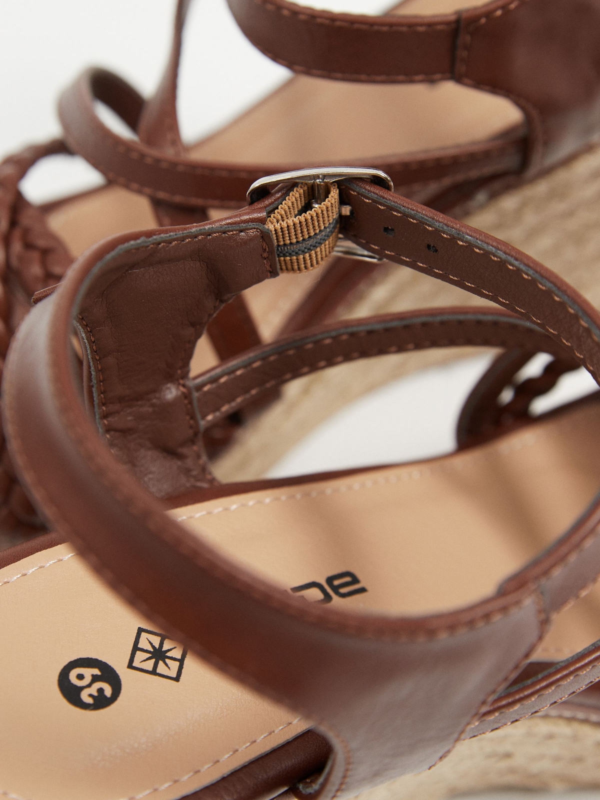 Leather effect wedge sandal chocolate detail view