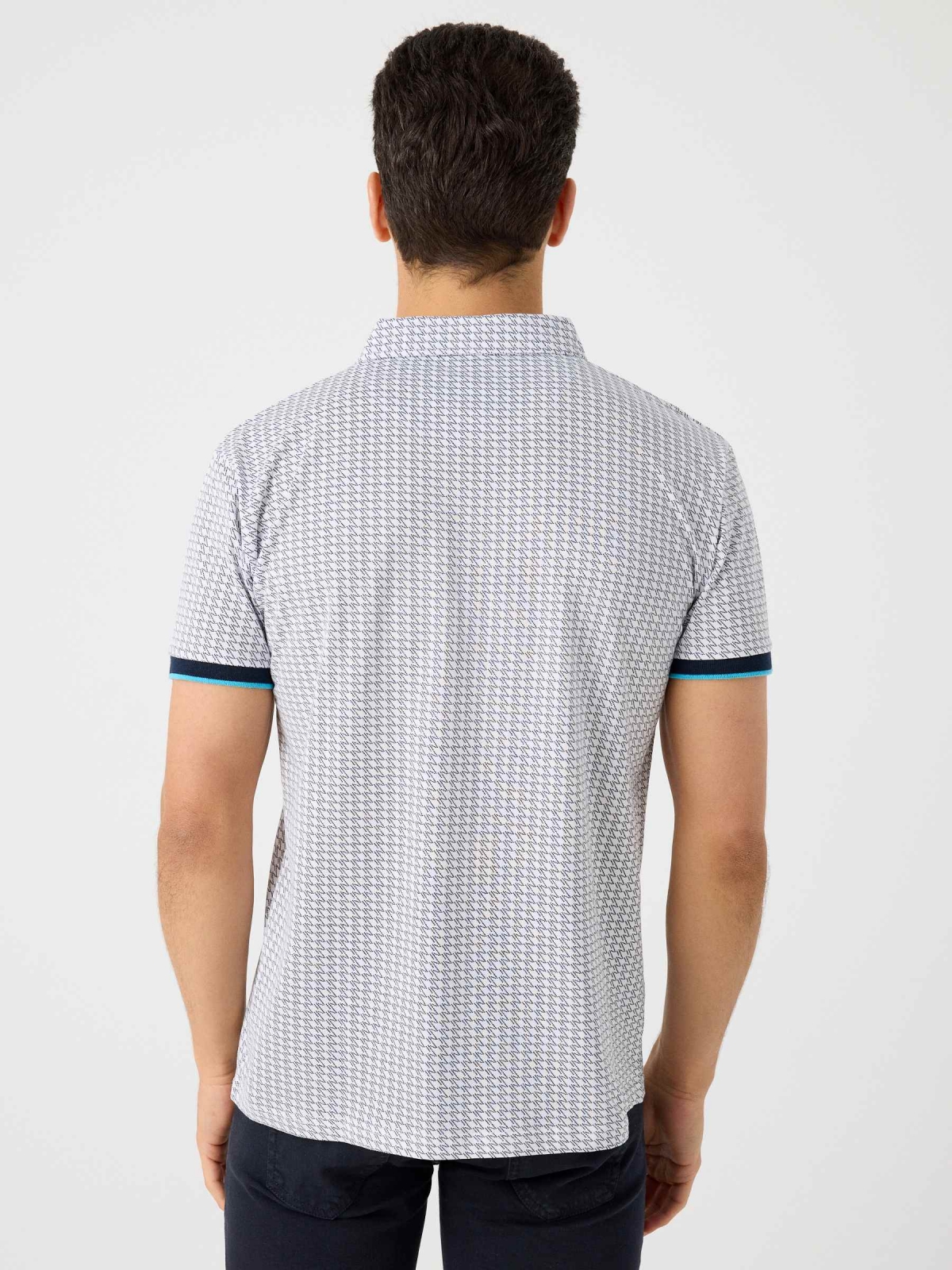 Printed polo shirt with button pocket navy middle back view