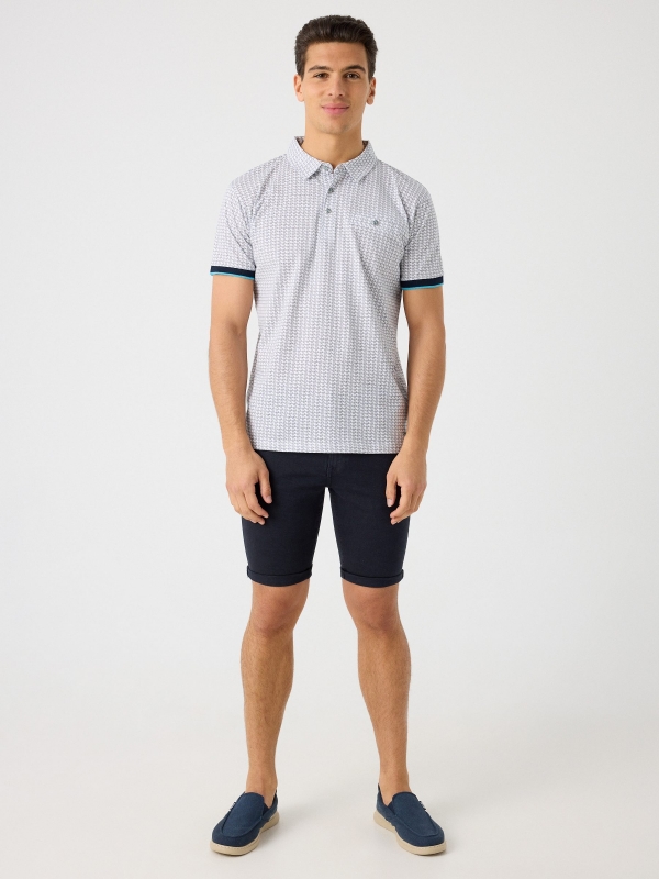 Printed polo shirt with button pocket navy front view