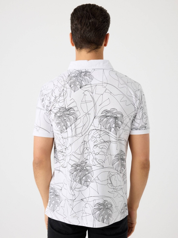 Tropical leaf print polo shirt white middle back view