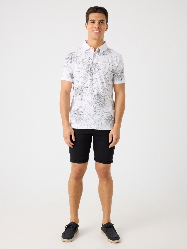 Tropical leaf print polo shirt white front view