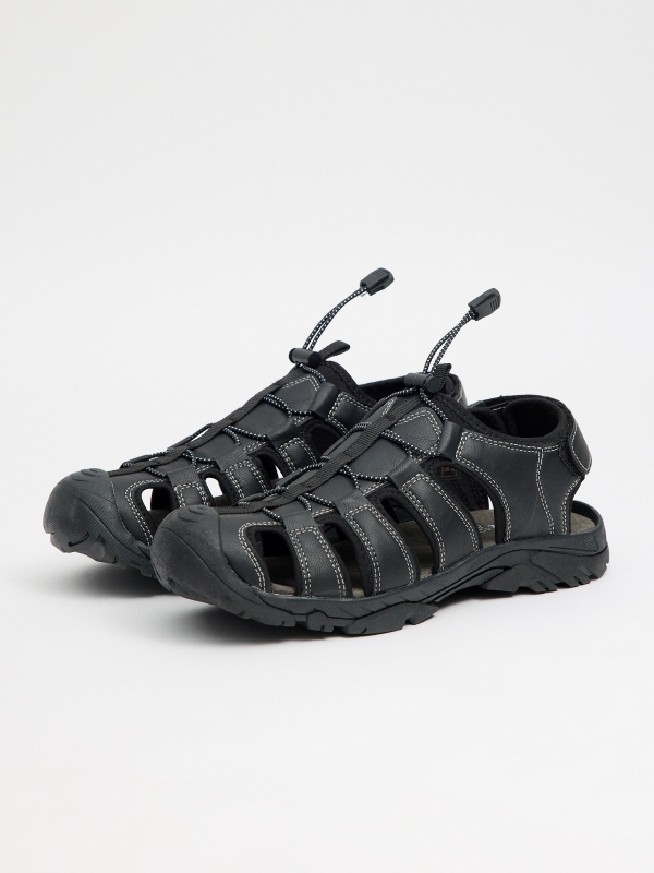 Leather-effect crab sandals black 45º front view