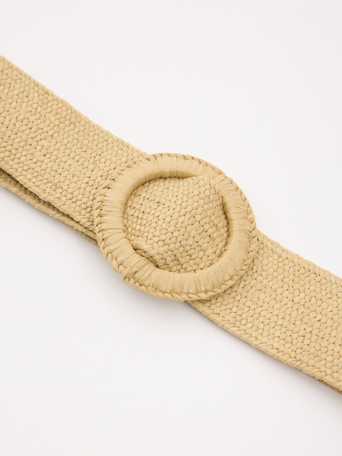 Cinturón elástico rafia hebilla redonda beige vista detalle