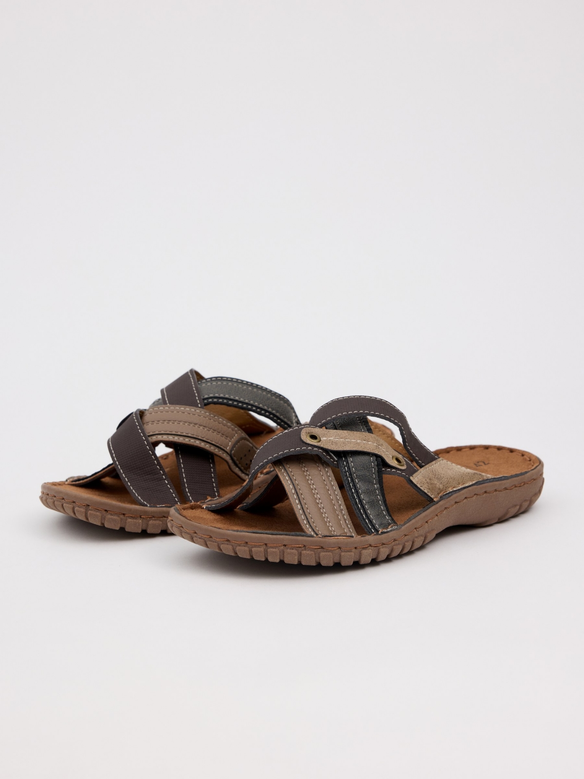 Leather effect crossed strap sandal brown 45º front view