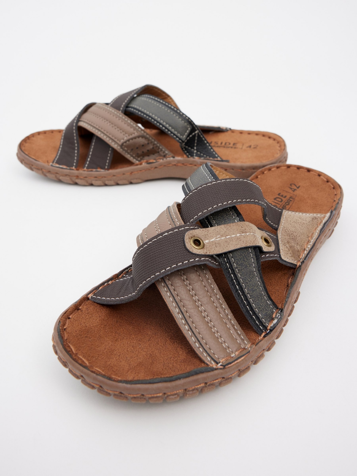 Leather effect crossed strap sandal brown detail view