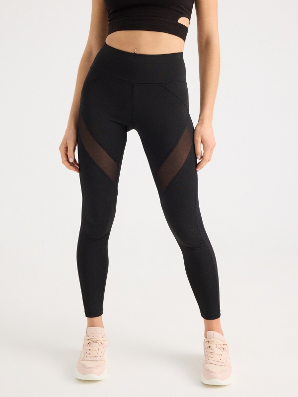 Combined mesh block leggings black middle front view