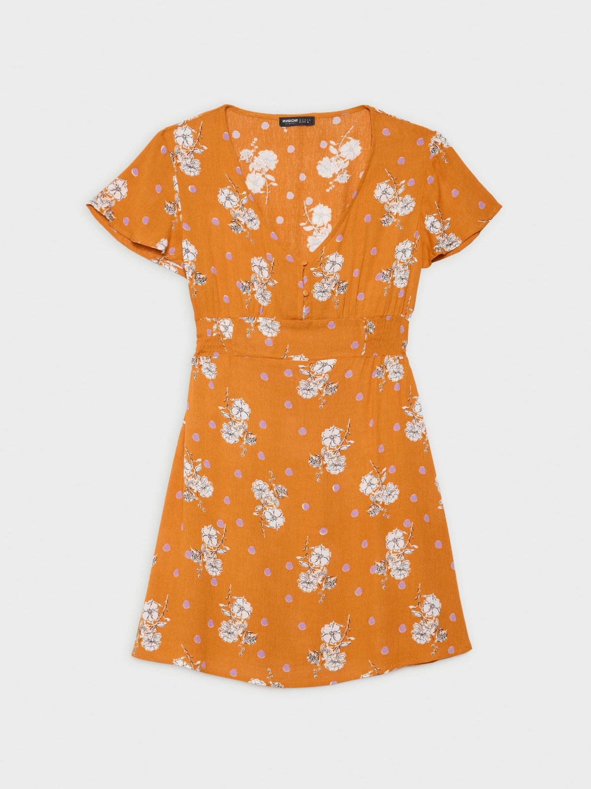  Vestido floral cintura elástica laranja