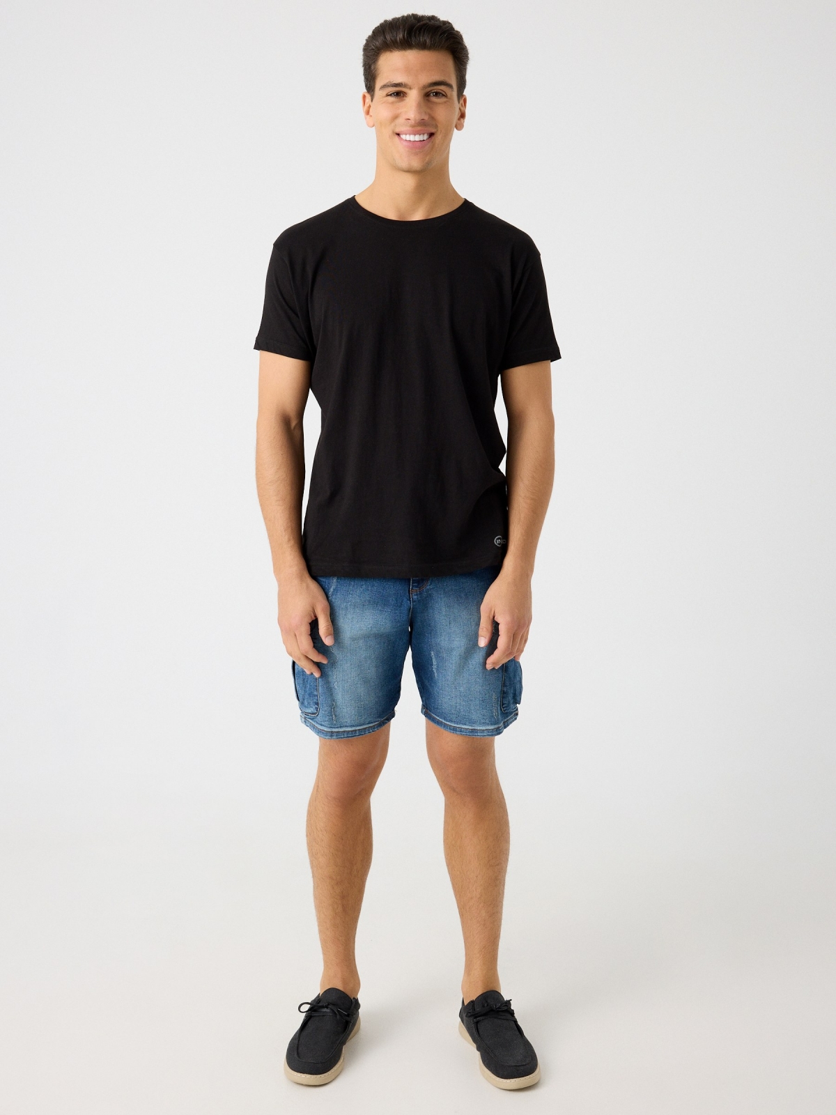 Distressed effect denim cargo shorts blue front view
