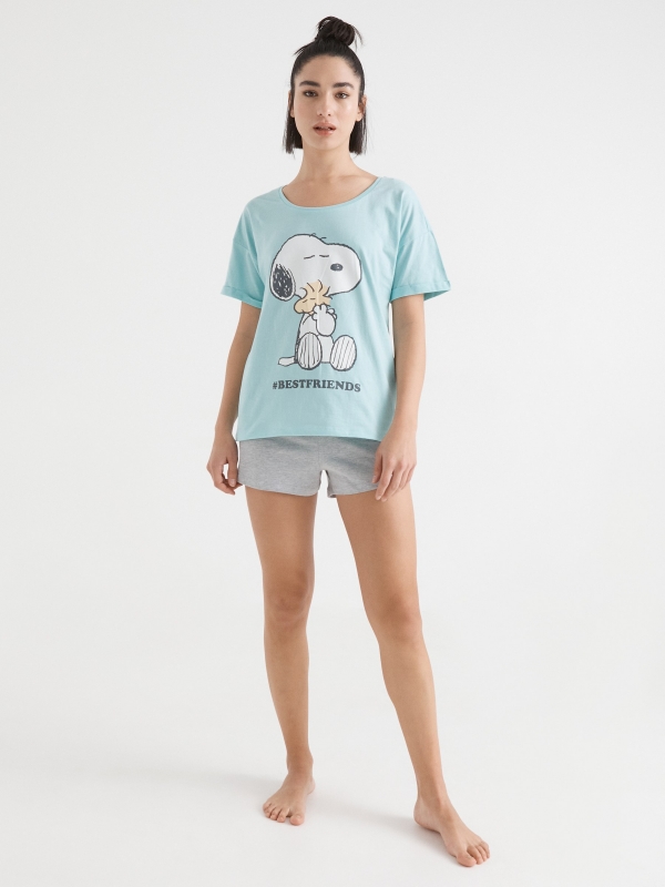 Pijama curto Snoopy azul claro vista meia frontal
