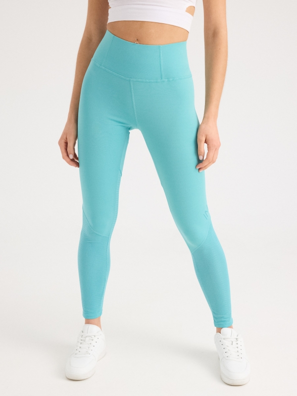Combined fabric printed leggings turquoise middle front view