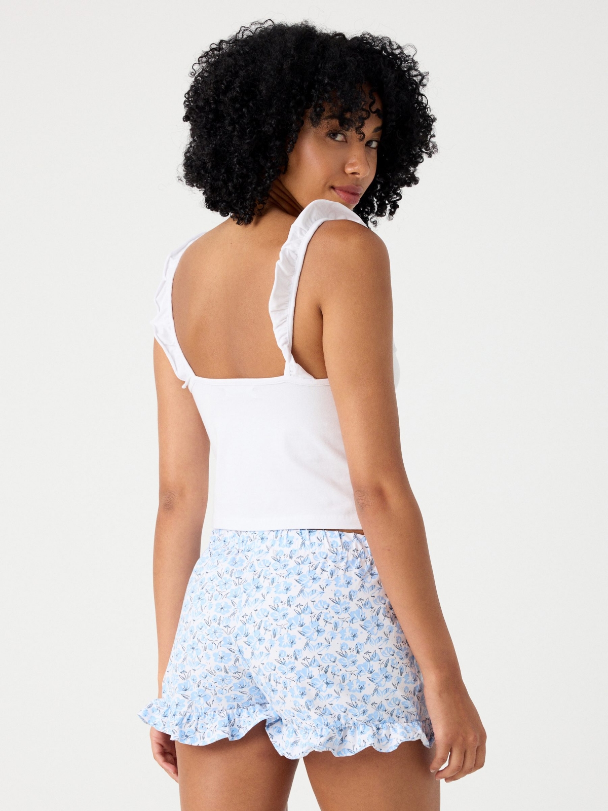 Short floral print pajamas blue/white middle back view