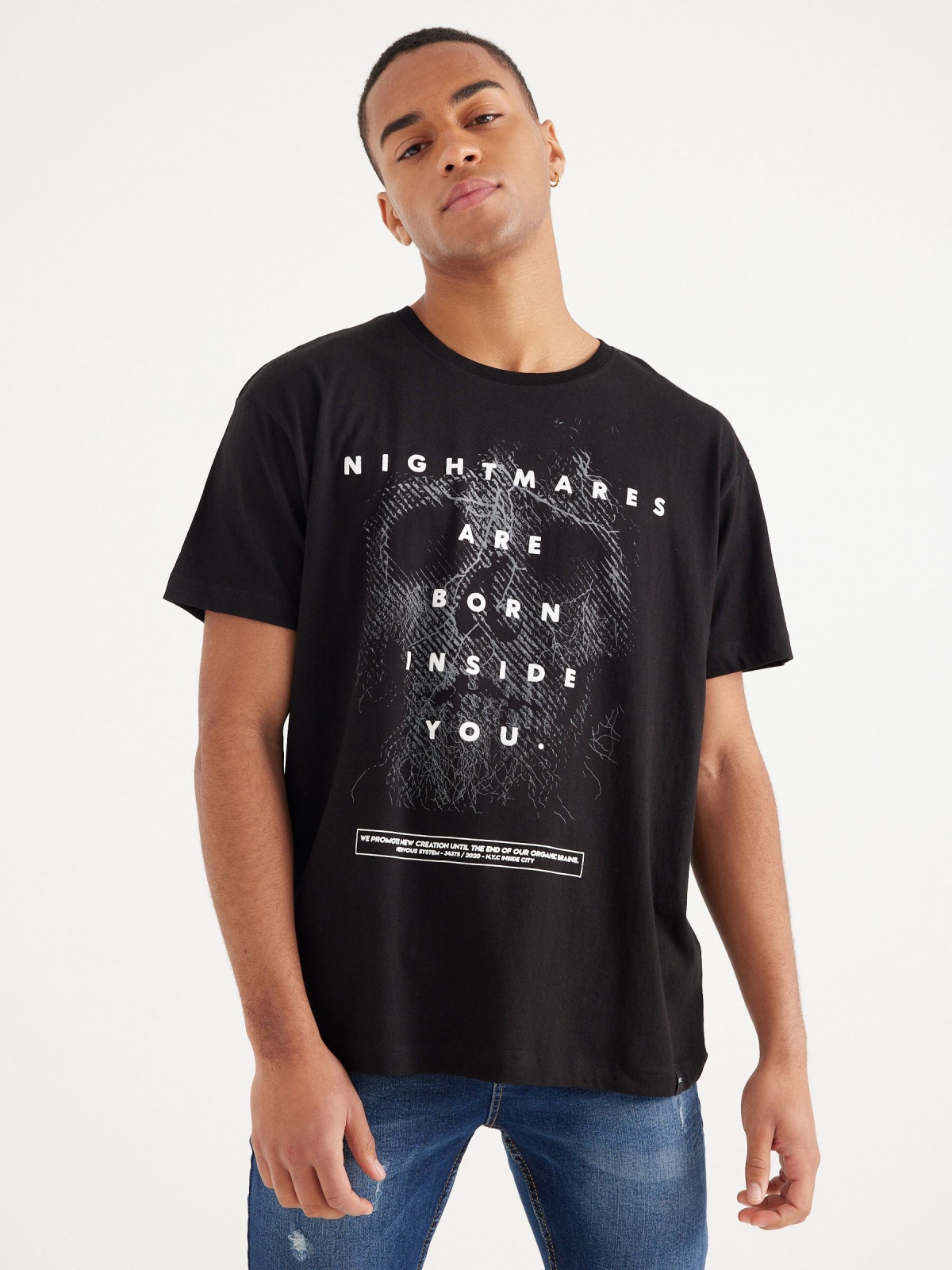 Contrast text t-shirt black middle front view