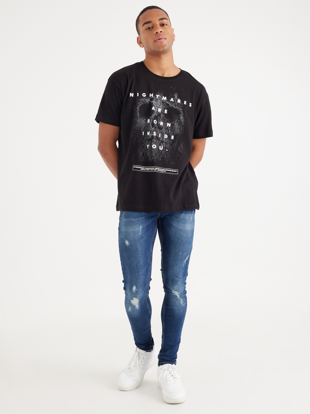Contrast text t-shirt black front view