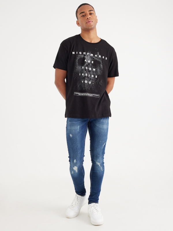 Contrast text t-shirt black front view