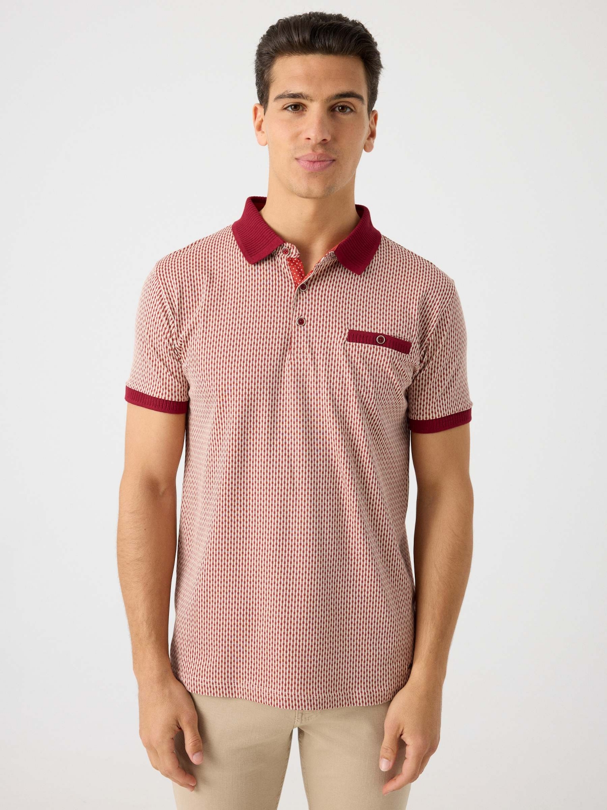 Printed polo shirt with rib details burgundy middle front view