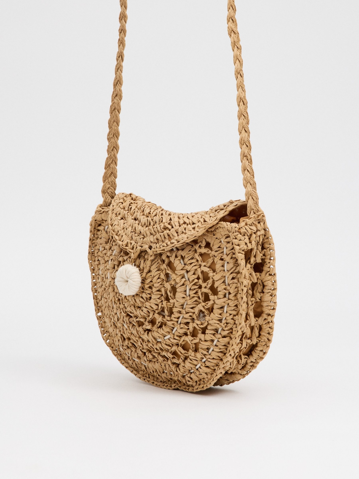 Shoulder bag with covered button cinnamon 45º side view