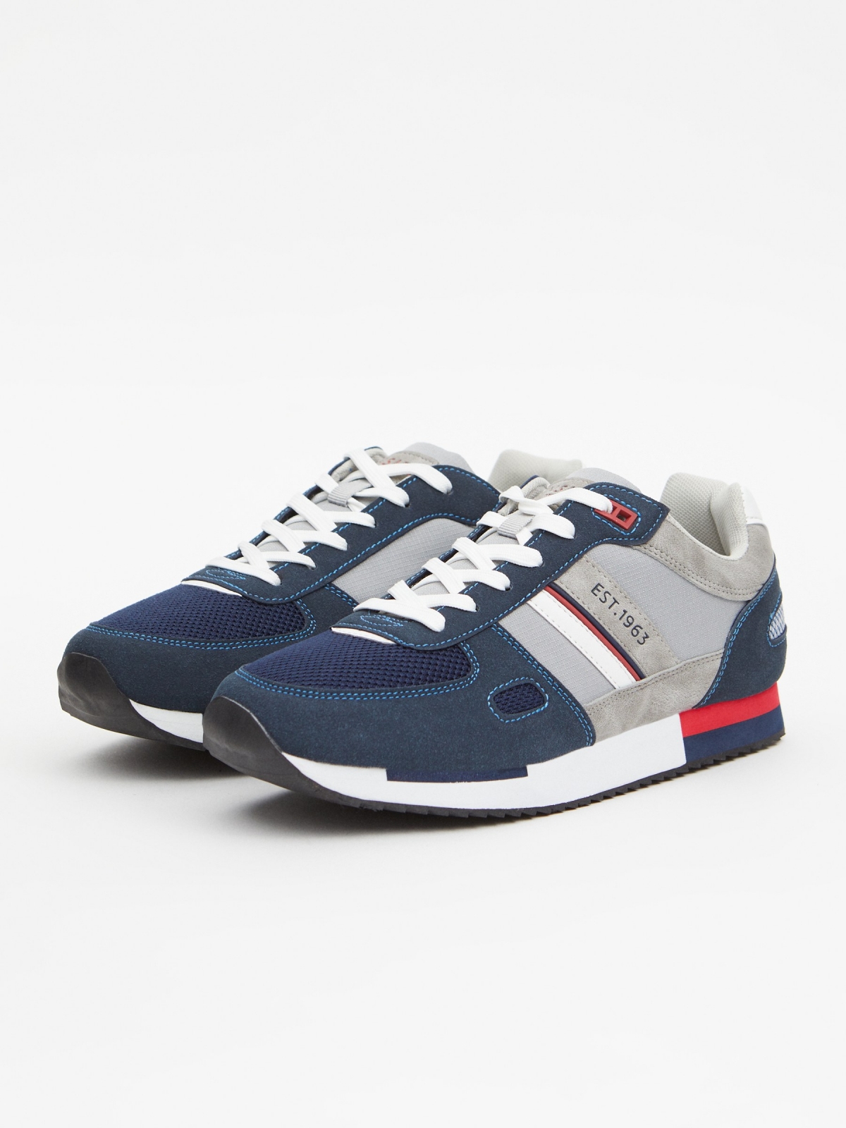 Leather-effect sneaker with combined pieces navy 45º front view
