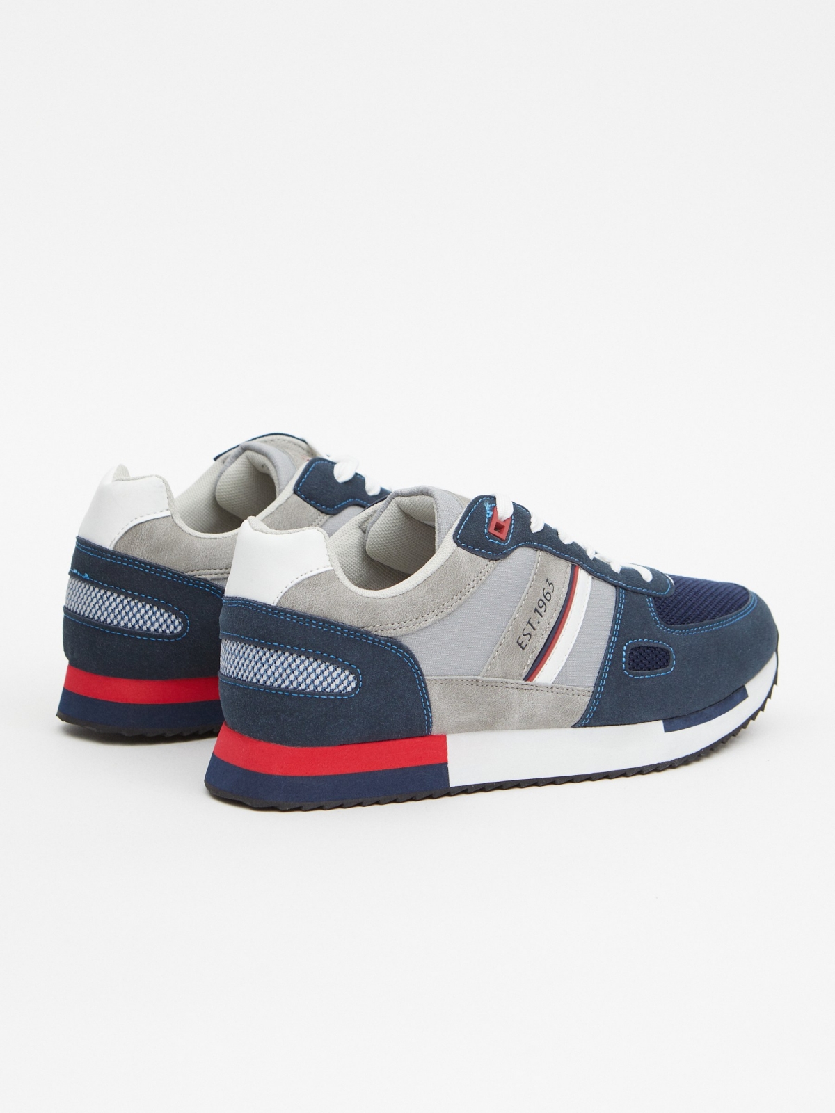 Leather-effect sneaker with combined pieces navy 45º back view