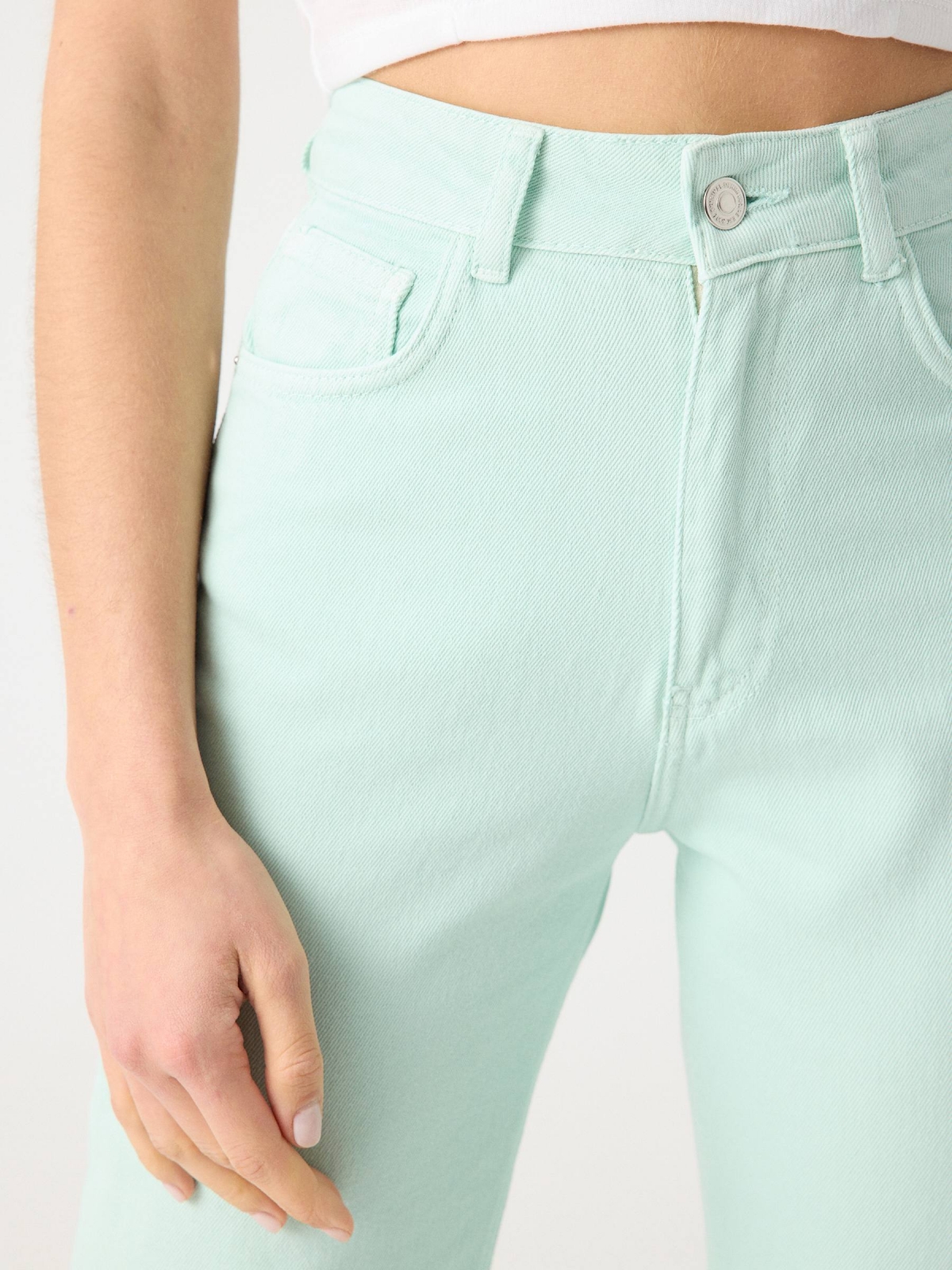 Jeans wide leg cinco bolsillos verde agua vista detalle
