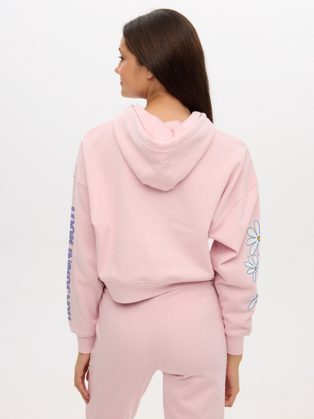 Sweatshirt com capuz estampado rosa claro vista meia traseira