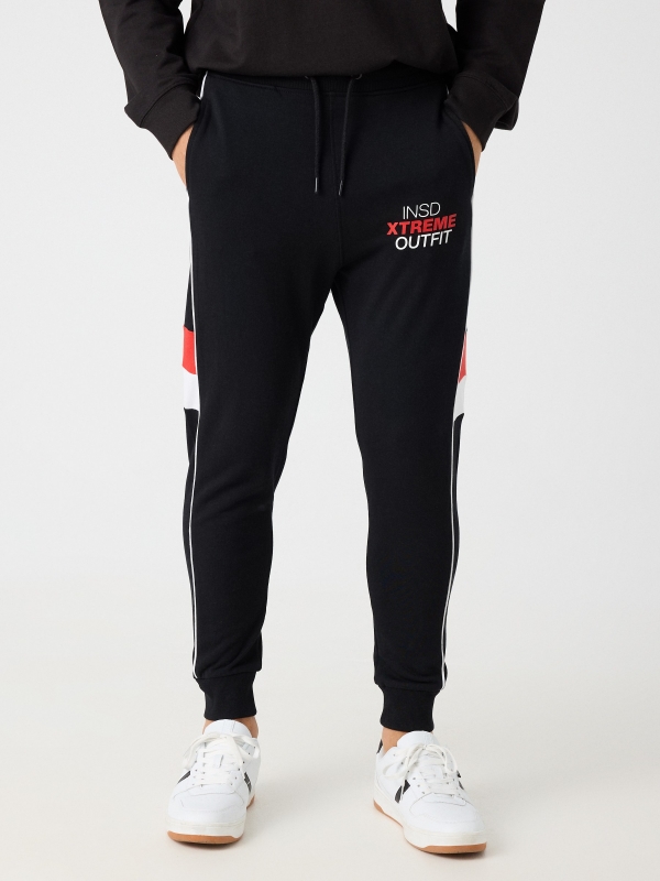 Jogger pants with mixed details black middle front view