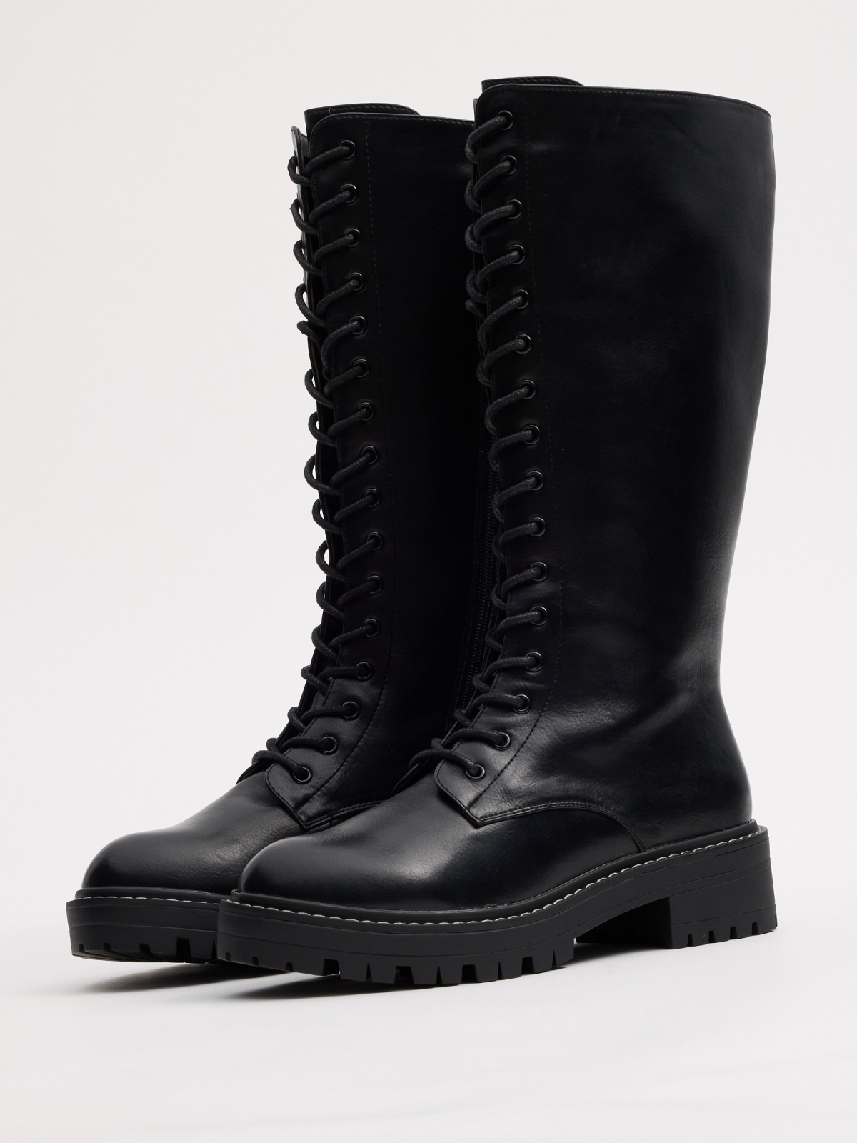 Leather effect boots with laces black 45º front view