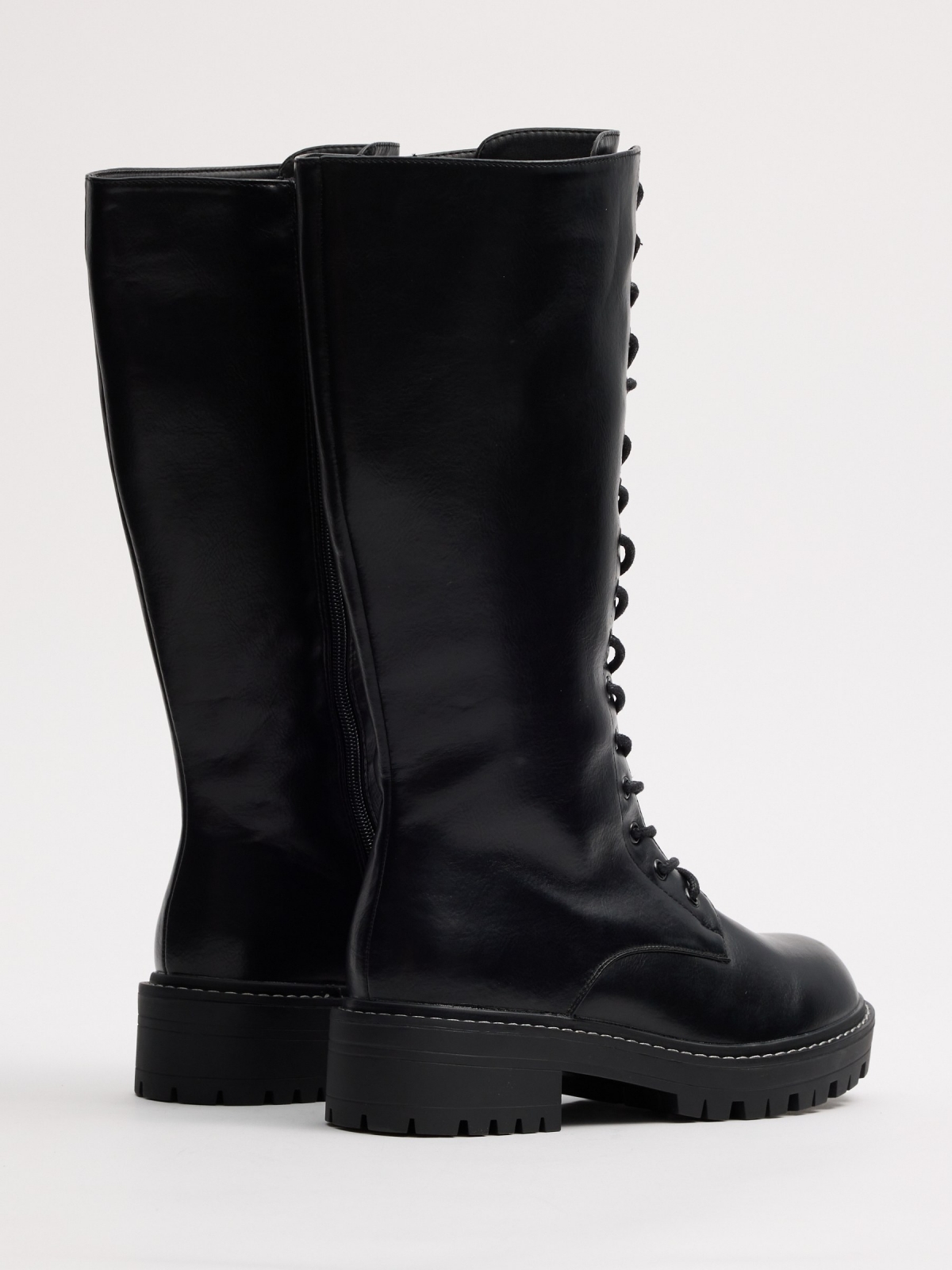 Leather effect boots with laces black 45º back view