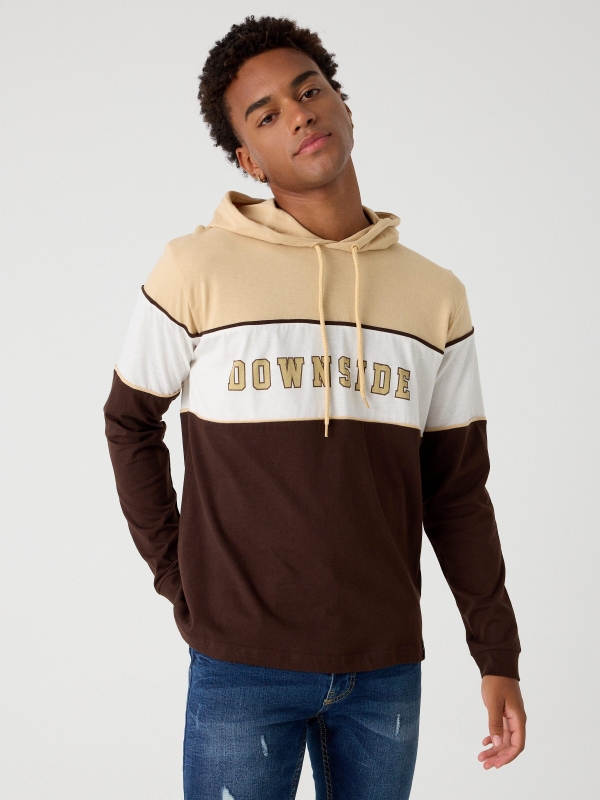 Hooded t-shirt with text print chocolate middle front view