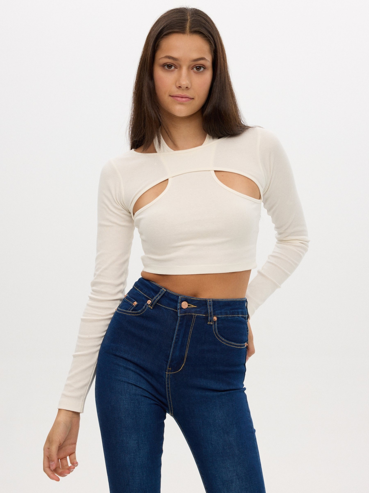 Ribbed cut out t-shirt off white middle front view